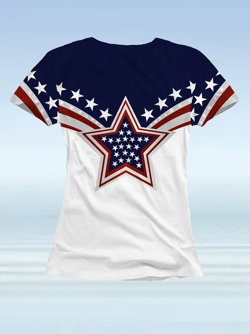 Casual Fashion Five-Pointed Star Digital Print Women's T-Shirt.