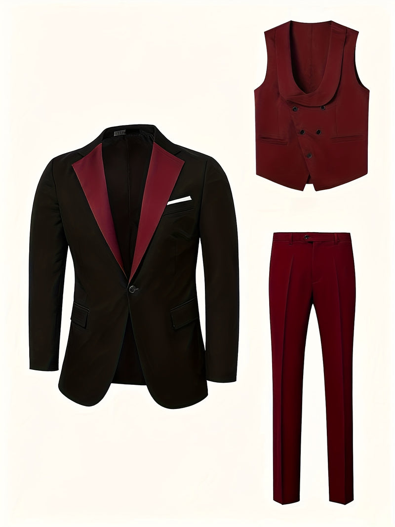 Men's 3pcs Suit Set, Blazer + Vest + Trousers, Groomsmen Business.