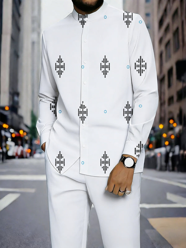 2pcs Set Geometric Pattern for Man Long-sleeve Shirt and Sweatpants Set.