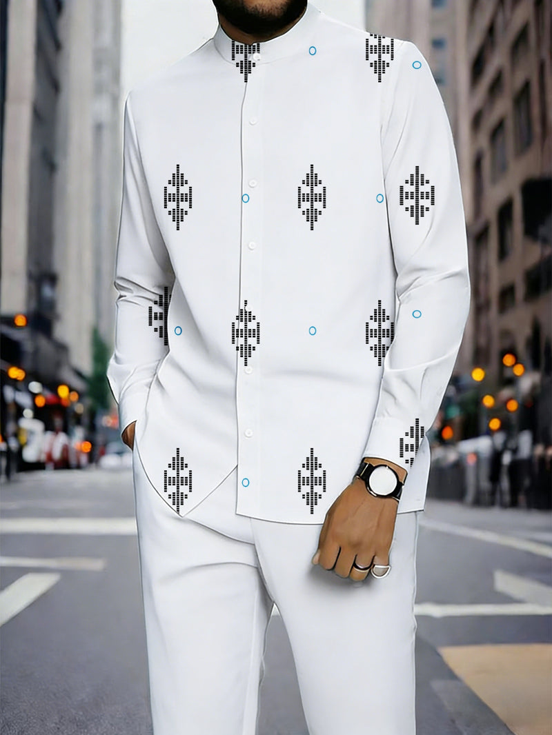 2pcs Set Geometric Pattern for Man Long-sleeve Shirt and Sweatpants Set.