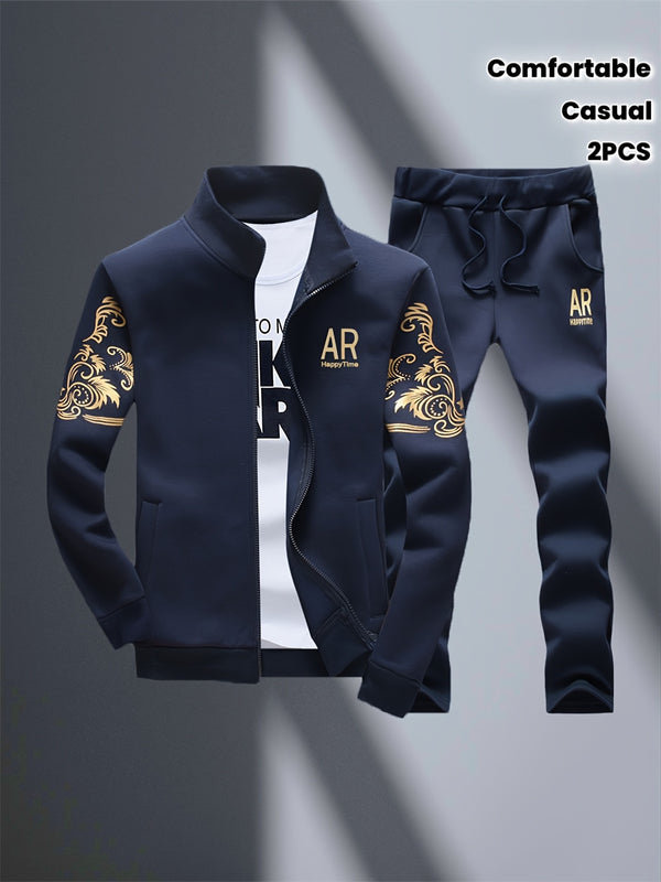 2pcs Men's Sportswear Set, Casual Athletic Outfit with Embroidered Design.