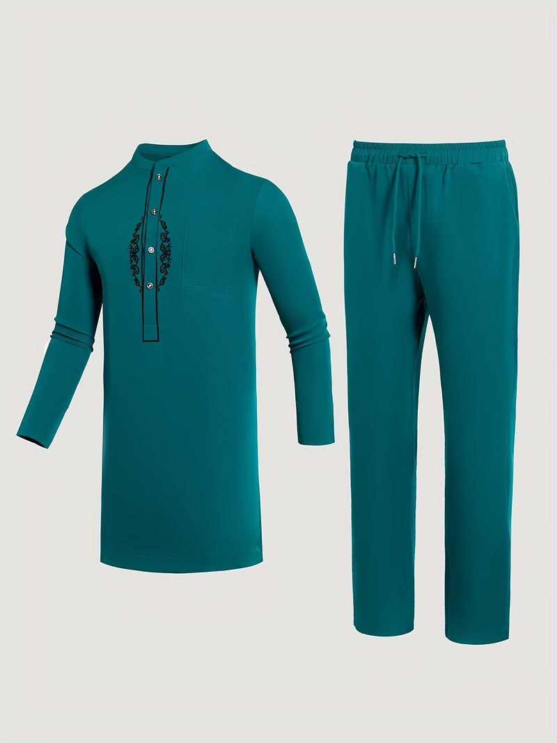 Men's Dashiki Set, Long Sleeve, Stand Collar, Button-Up, Pockets.