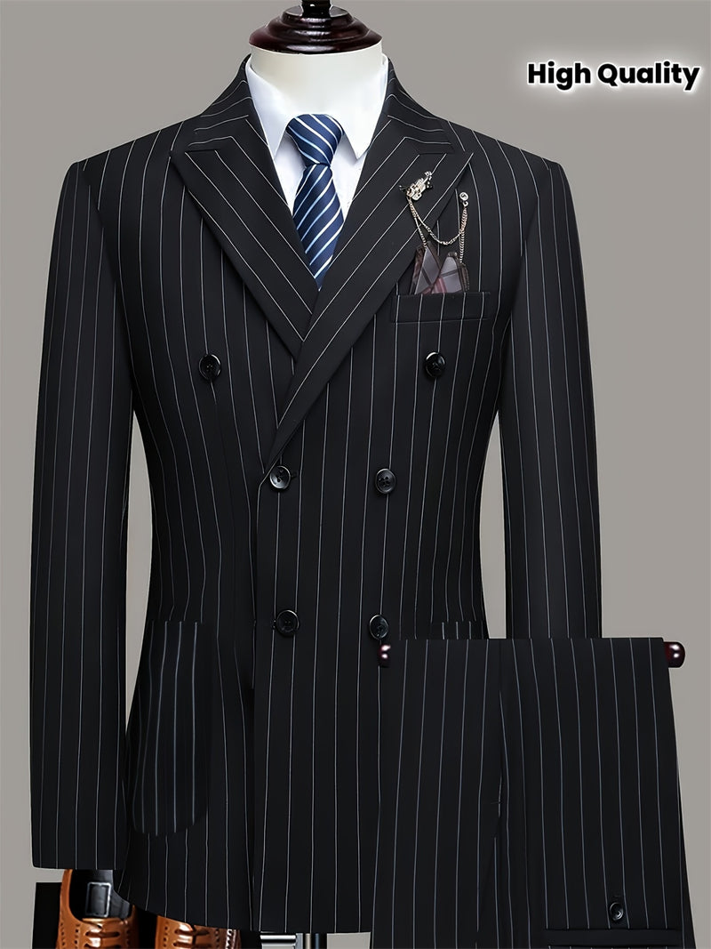 Men's Business Striped Suit, Double-Breasted Two-Piece.