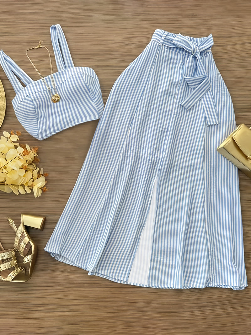 Women's Fashion Casual Commuter Striped Vest and Midi Skirt 2pcs Set.