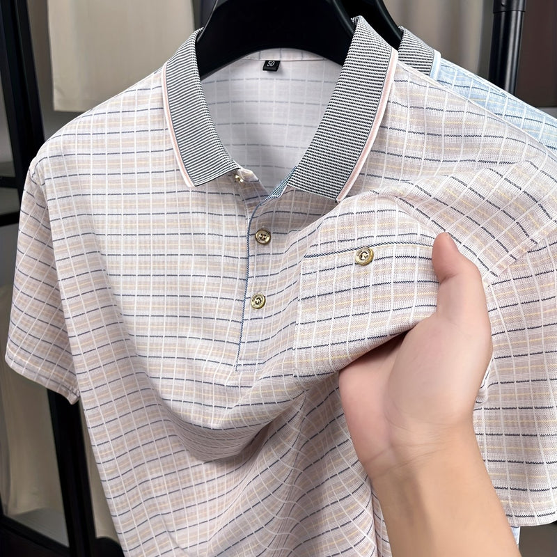 Men's Short-Sleeve T-Shirt Summer Lapel Plaid Ice Silky Fiber Fabric.