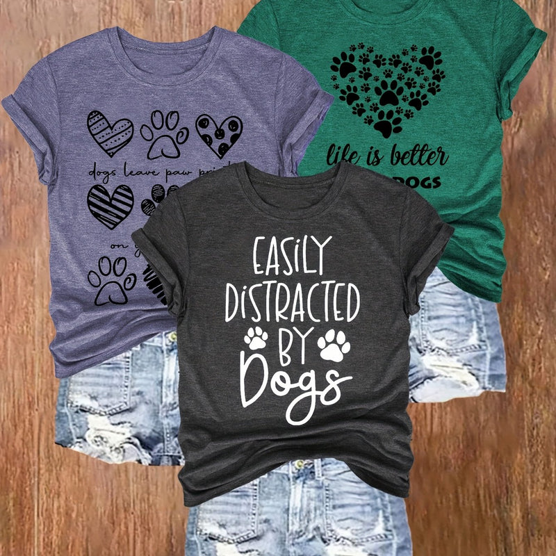 3pcs Women's Casual Dog Lover Graphic T-Shirts.