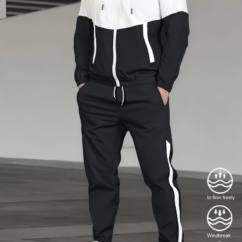 2pcs Men's Spring And Autumn Hooded Color-Block Casual Sports Suit.