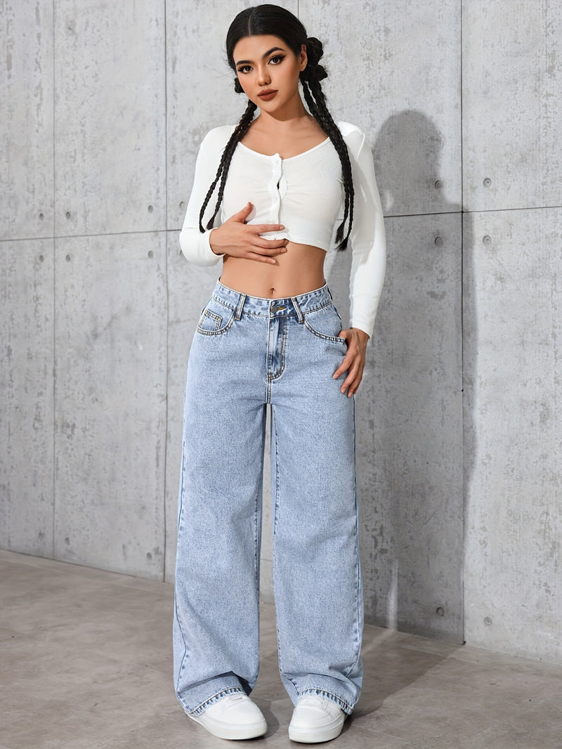 Women's High-Waisted Minimalist Versatile Vintage Wide-Leg Jeans.