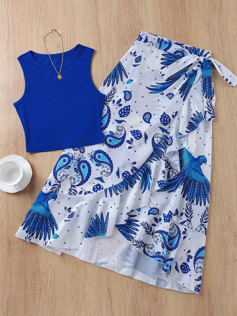 Women's Top and Animal Print Skirt 2pcs Set.