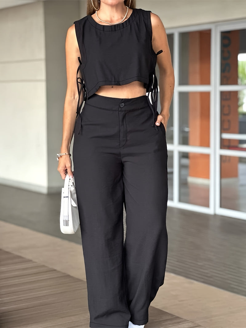 Women’s Elegant Solid Color Set with Side Lace-up Details.