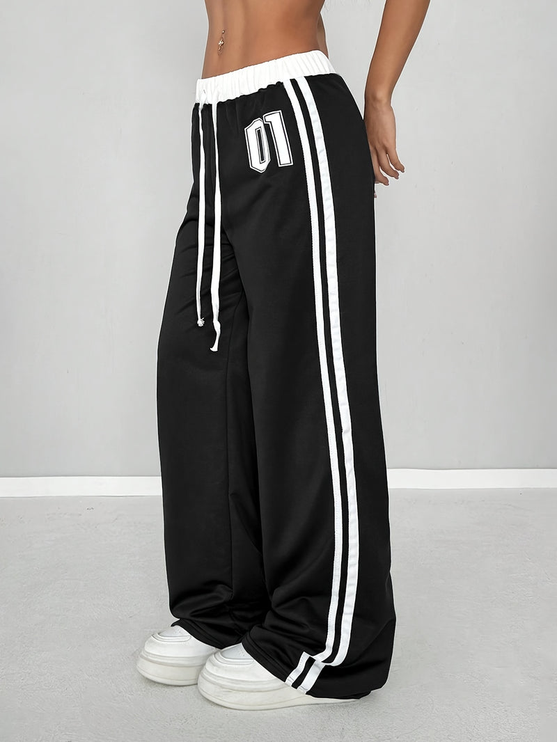 Women'S Color Block Number Print Belt Stitching Casual Street Loose Long Pants.