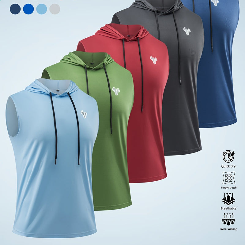 5pcs Solid Color Breathable Men's Sleeveless Hooded Tank Tops.