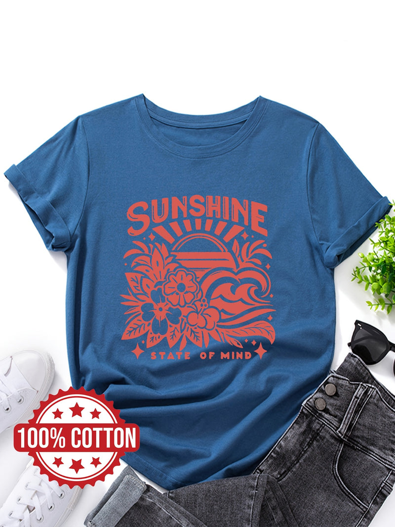 Women's Casual Crew Neck T-Shirt with "SUNSHINE" Graphic Print.