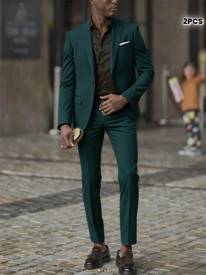 2pcs Men's Slim-Fit Burgundy Wedding & Business Suit Set.