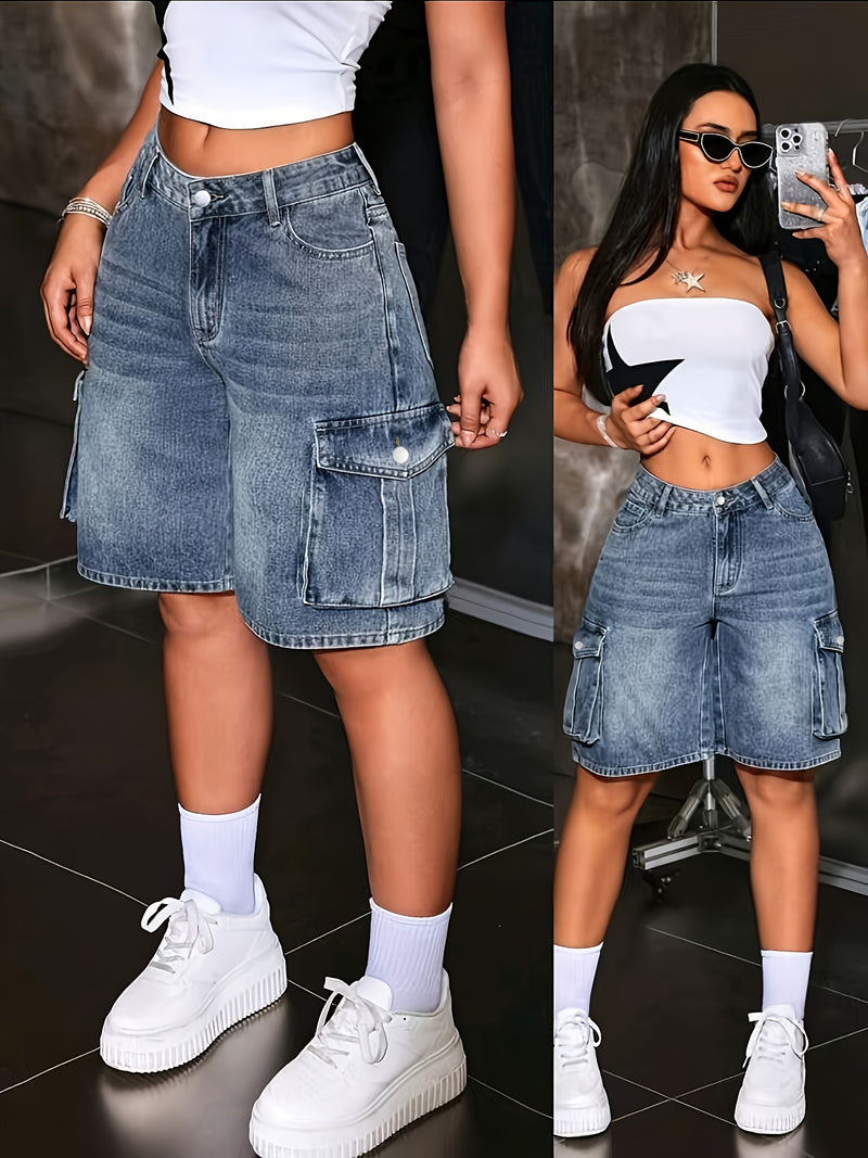 Women's Summer Blue Stretchy Multi-Pocket Casual Bermuda Denim Shorts.