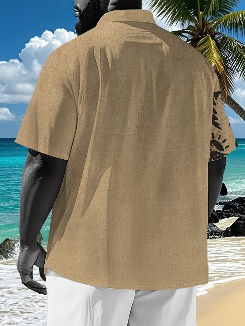 Men's Big & Tall Light Khaki Short-Sleeve Shirt with Black Ethnic Tribal Print.