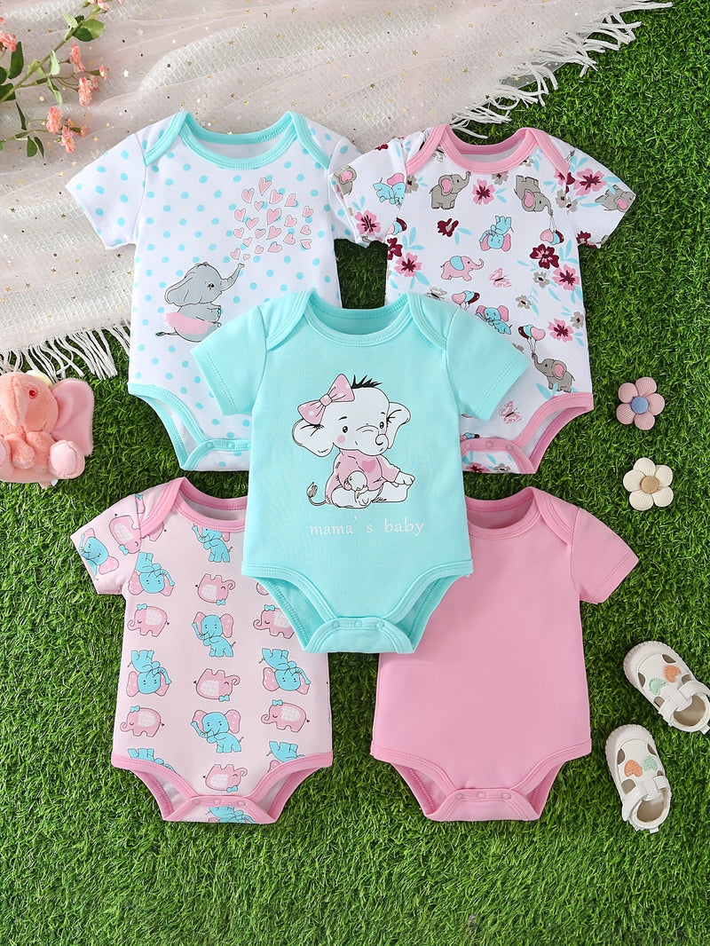 Five-Piece Set of Short-Sleeved Pure Onesies Featuring a Comfortable Cartoon.