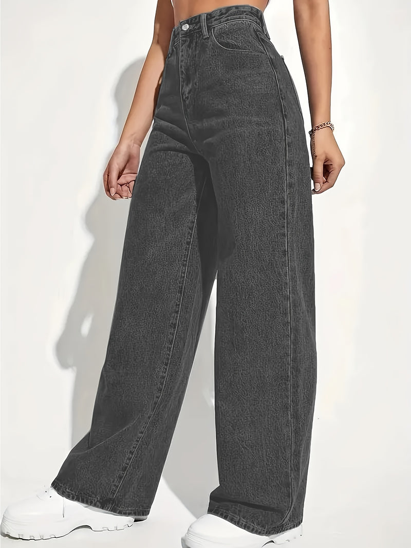 Wide Leg Jeans High Stretch, Washed Solid Color for Women.