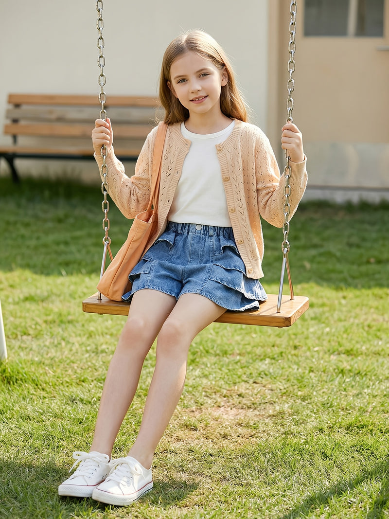 Girls' Summer Fashion Versatile Ruffle-trim Denim Shorts, Comfortable Lightweight.
