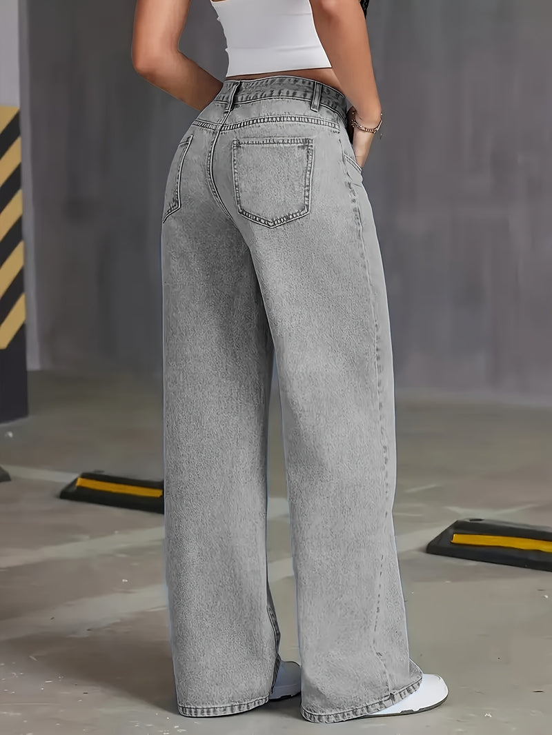 Women’s High Waist Grey Washed Wide Leg Jeans.