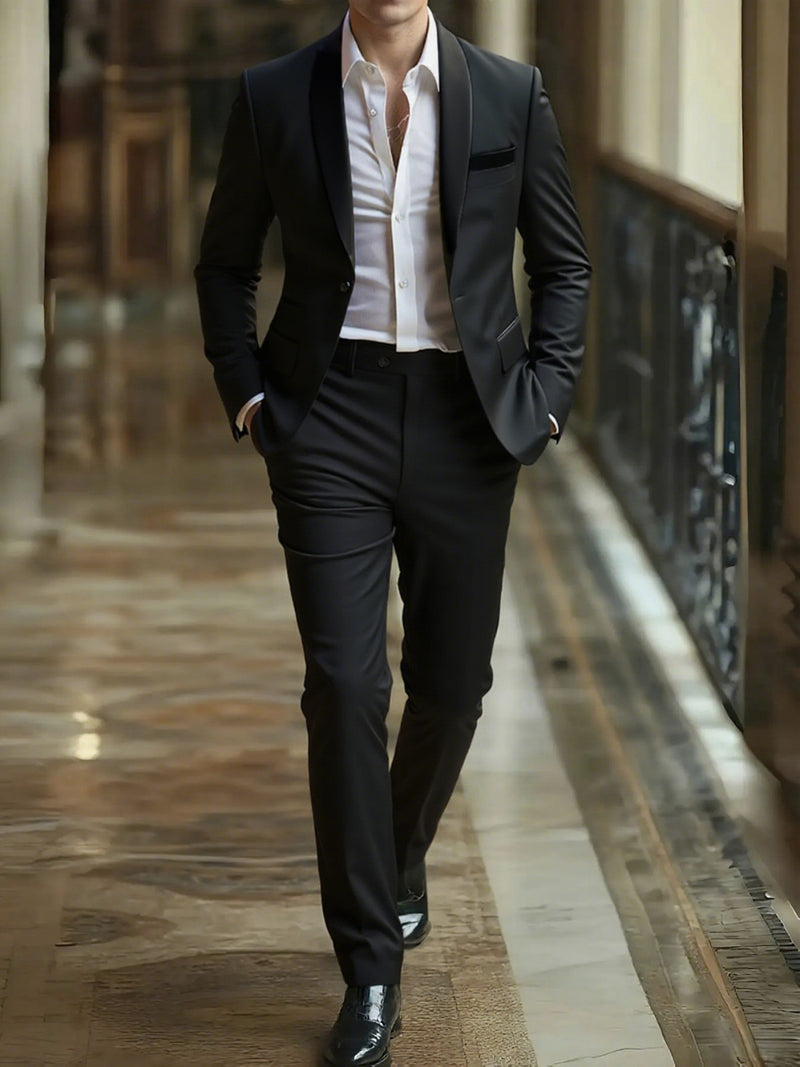2pcs Men's Slim-Fit Black Suit Set.