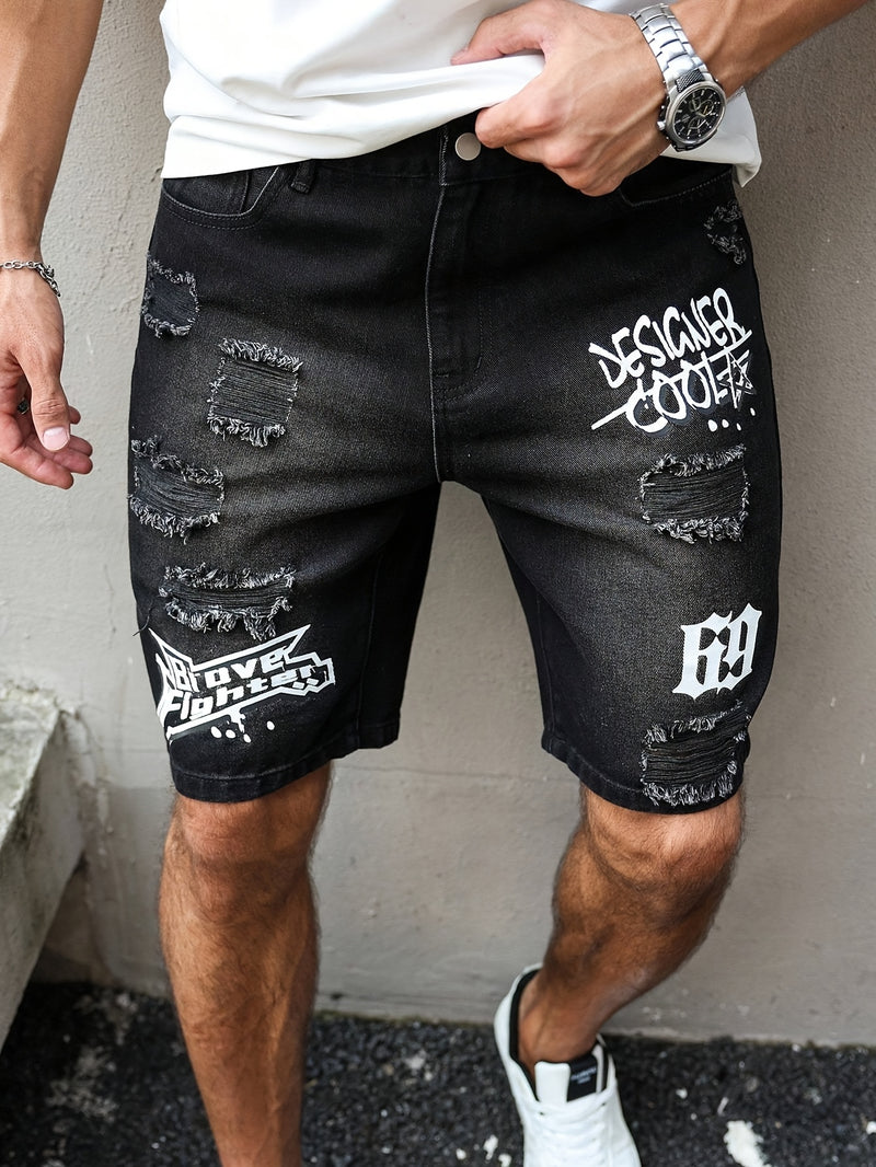 Men'S Casual Distressed Denim Shorts with "DESIGNER COOL" Print - Black & Gray.