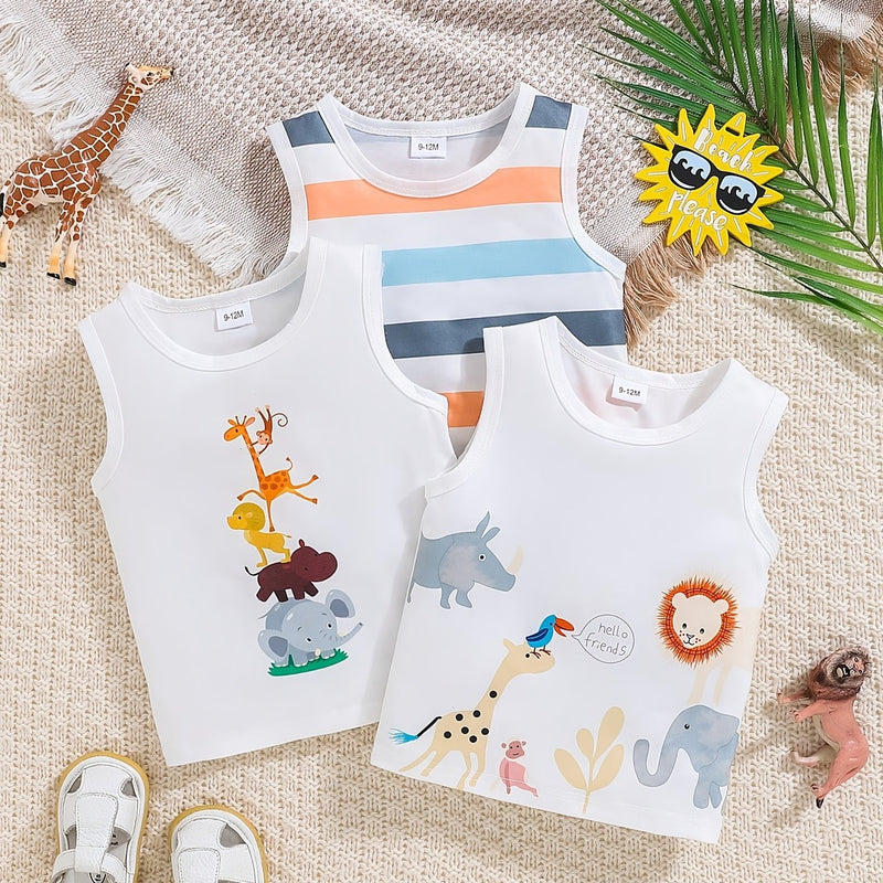 3pcs Set of Boys Spring Cute Animal Print Tank Tops.