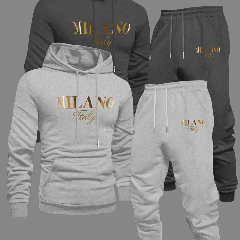 Men's Fashion Slogan Hoodie Four-Piece Set with Drawstring Elastic.