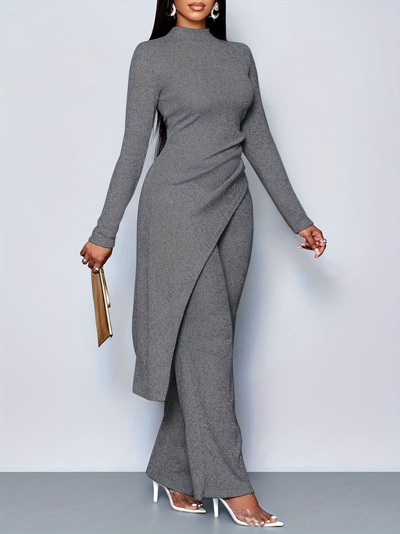 Women's Elegant Solid Color Fleece Ribbed Asymmetric Hem Top Paired with Flared Pants.