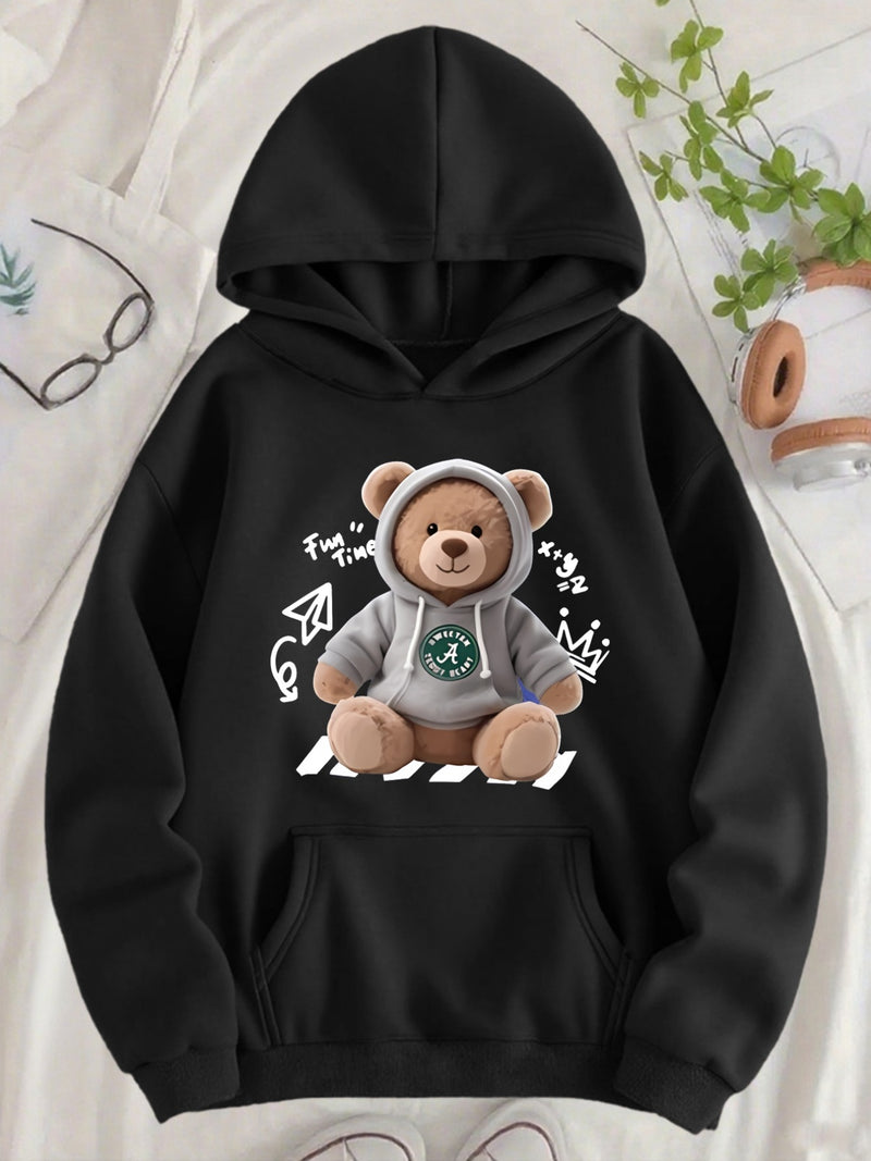 Cute Bear Printed Hoodie | Women'S Long Sleeve Hooded Sweatshirt.