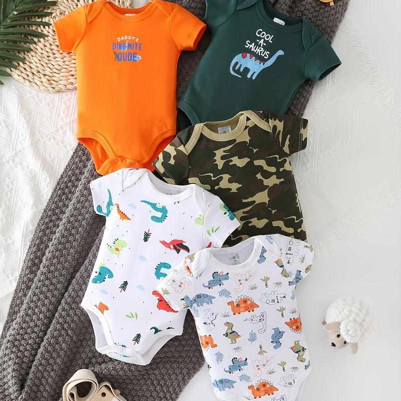 5pcs Baby Casual Triangle Bodysuit Set, Dinosaur  Short-Sleeved Jumpsuit.