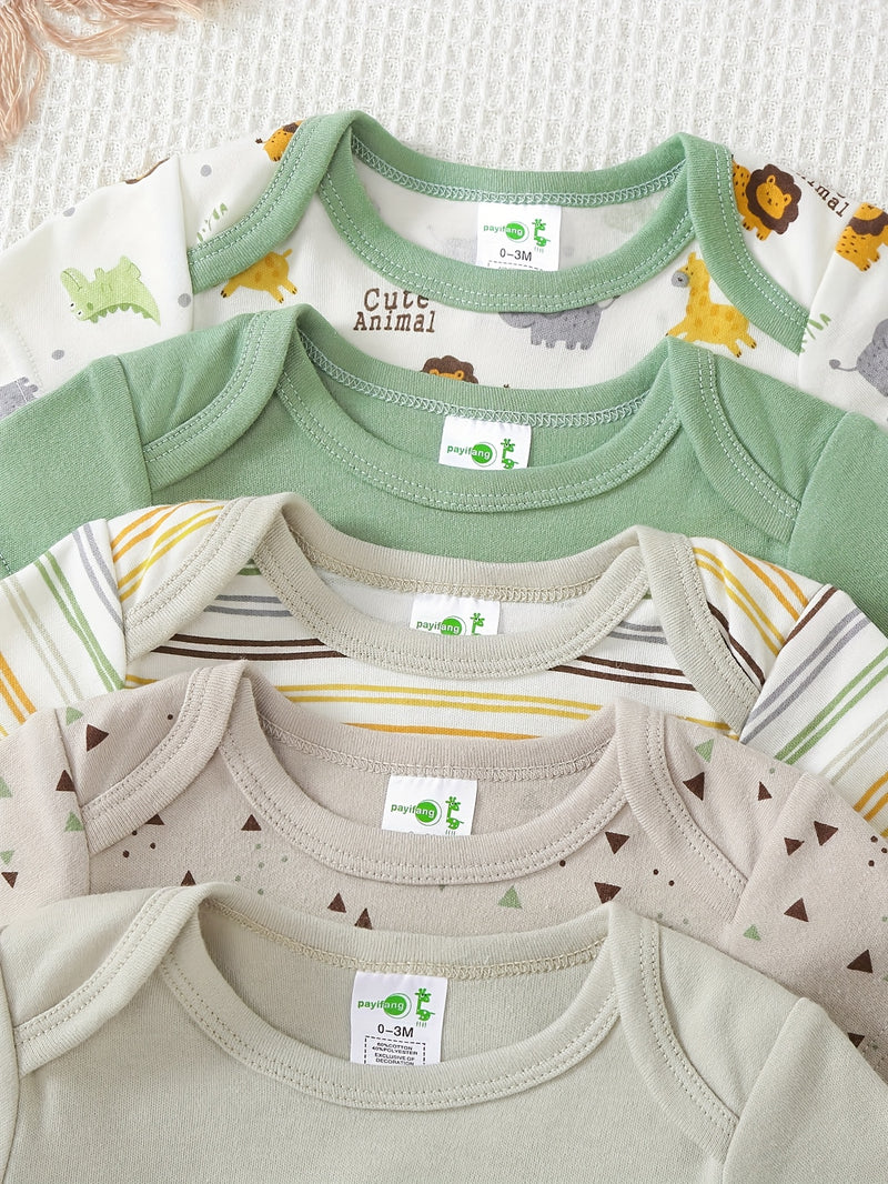 5pcs Baby Boy Short-Sleeve Romper Bodysuit Set, Cotton Cute Cartoon.