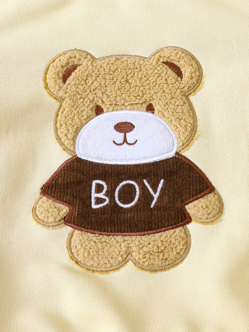 Baby Boy's 3pcs Set: Embroidered Bear Hooded Vest with Embroidered Bear Plaid Patchwork Top.
