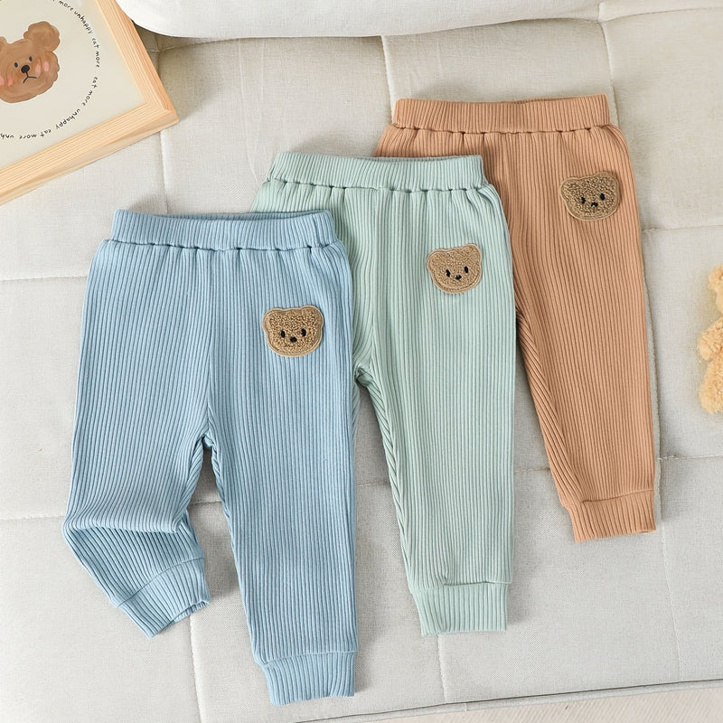 3pcs Boys' Solid Color Cotton Ribbed Knit Bear Patch Stretch Waist Pants/Leggings.