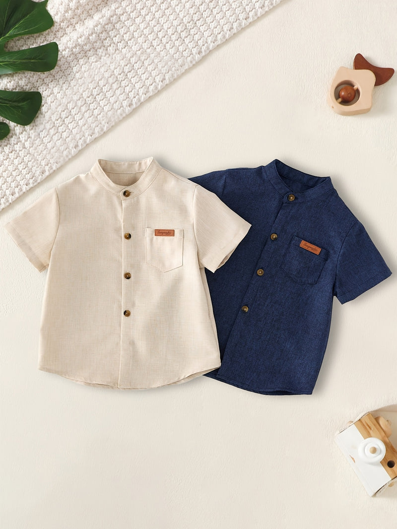 2pcs Boys Summer Stand Collar Short Sleeve Shirts.