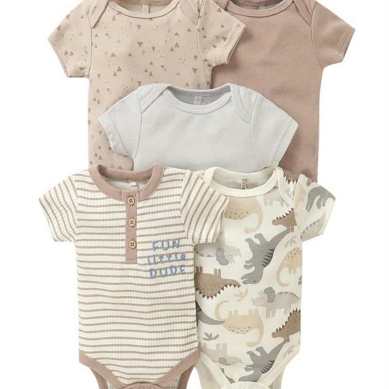 5pcs Set Newborn Infant Romper Animal Dinosaur Striped Suitable for Baby Boy.