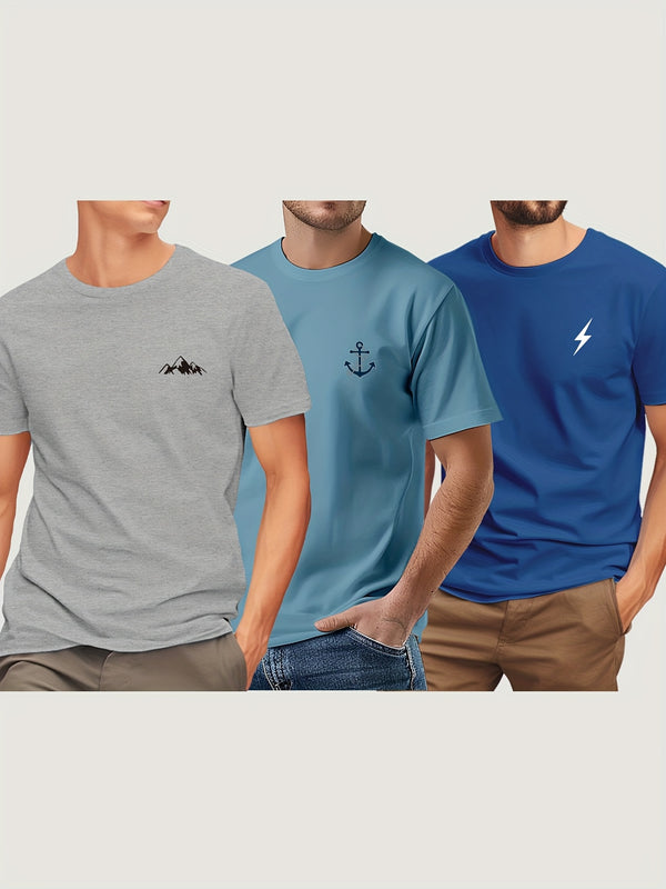 3pcs Men'S Short Sleeve Print T-Shirt.