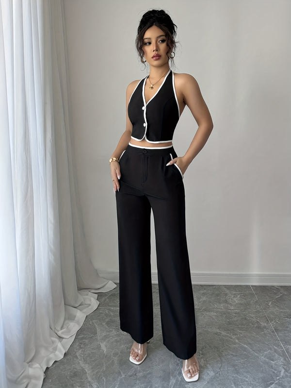 2pcs Women's Commuter Solid Color Short Sleeve Sleeveless Top and Pants.