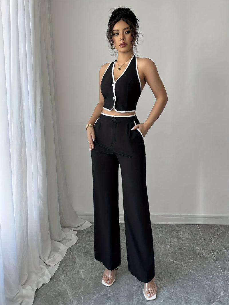 2pcs Women's Commuter Solid Color Short Sleeve Sleeveless Top and Pants.