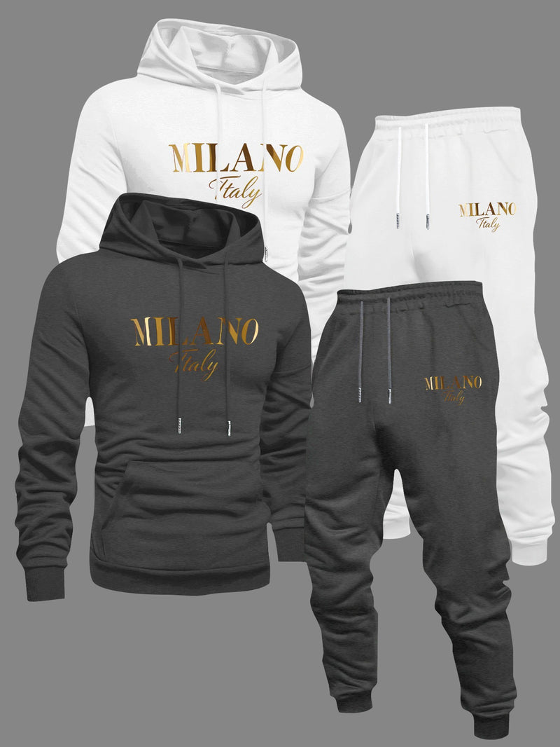 Men's Fashion Slogan Hoodie Four-Piece Set with Drawstring Elastic.