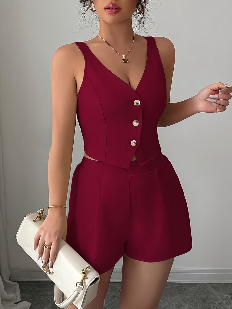 Women's Casual Commuter Simple Solid Color Front Button Vest + Shorts 2pcs.