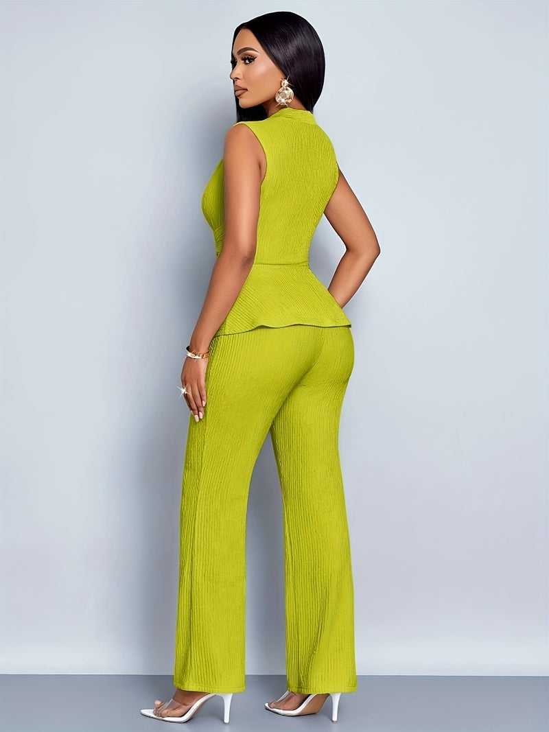 Women's Elegant V-Neck Sleeveless T-Shirt and Wide-Leg Pants 2pcs Set.