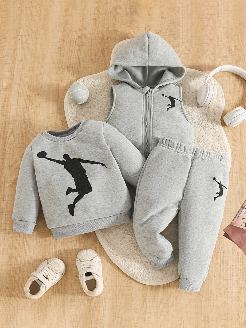 Boys 3pcs Set - Sporty Boy Graphic Hoodie, Long-Sleeve Sweatshirt.
