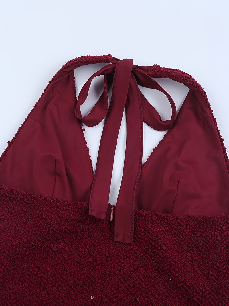Women’s Chic Vintage-Style Burgundy Halter Dress.