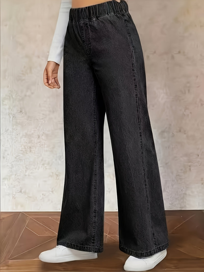 Women's Washed Casual High-Waisted Elastic Waistband Blue Jeans.