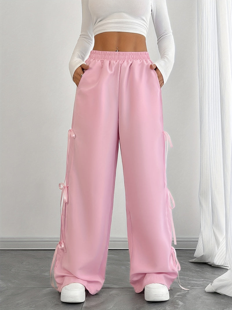 Women’s Elastic Waist Suitable for Spring, Wide-Leg Pants with Side Bow.