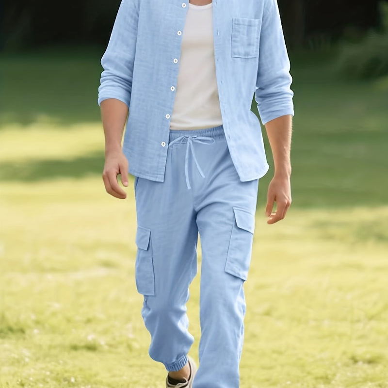 Men's Solid Color -Linen Suit, a Two-Piece Set for Sporty Comfort.