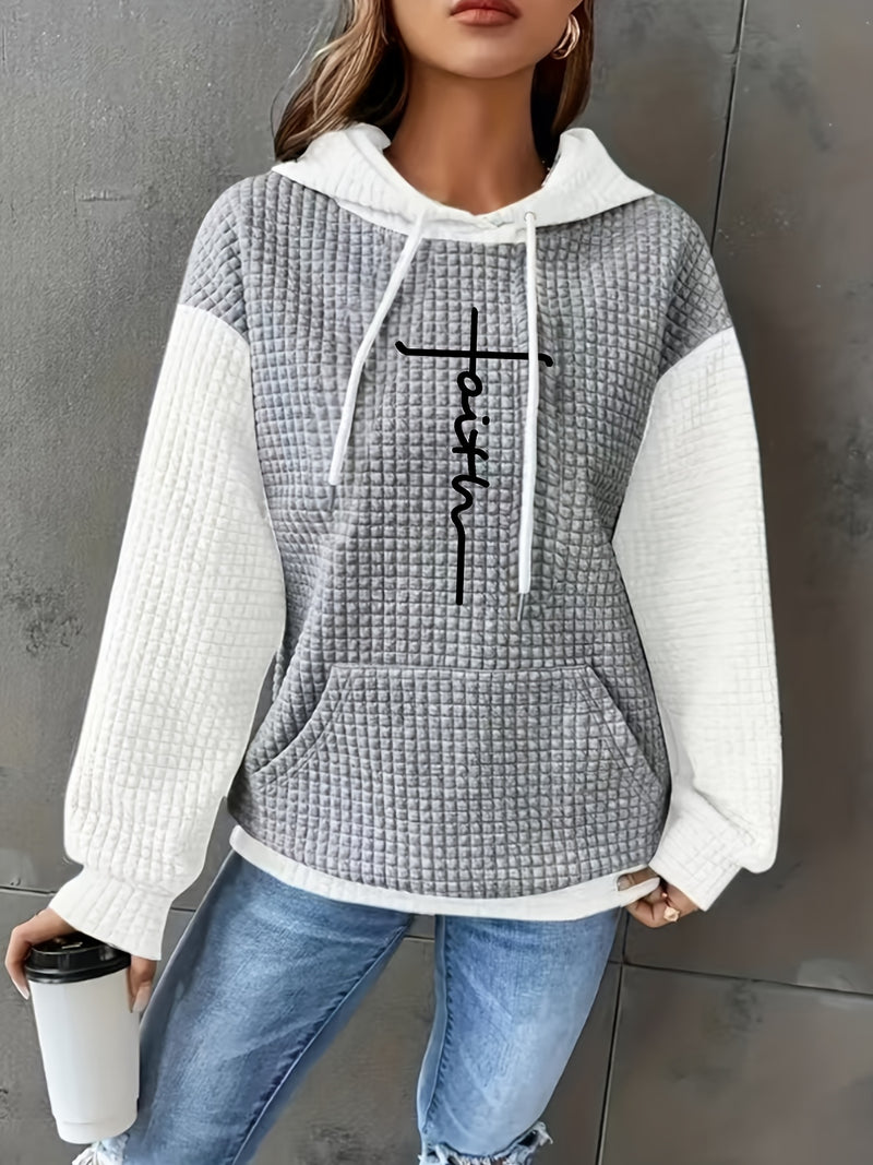 Women's Casual Oversized Hoodie with Checkered Texture & Letter Print.