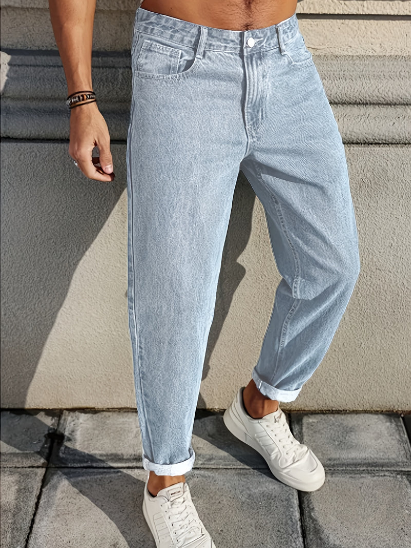 Men's Casual Stretchy Cropped Salt-Washed Denim Pants.