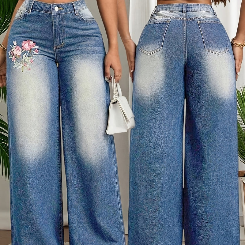 Women’s Spring/Summer New Floral Embroidered Stretch Wide-Leg Pants.